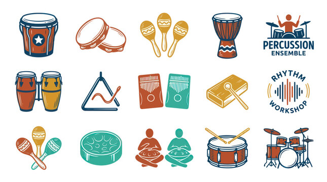 Hand-drawn Textured Vector Icons: Percussion Musical Instruments, Drums, Maracas,  Rhythm Workshop Logos