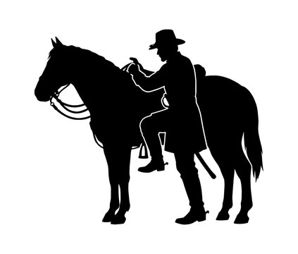 Black silhouette of a cowboy wearing a hat getting ready to ride his horse isolated on transparent background, Vector