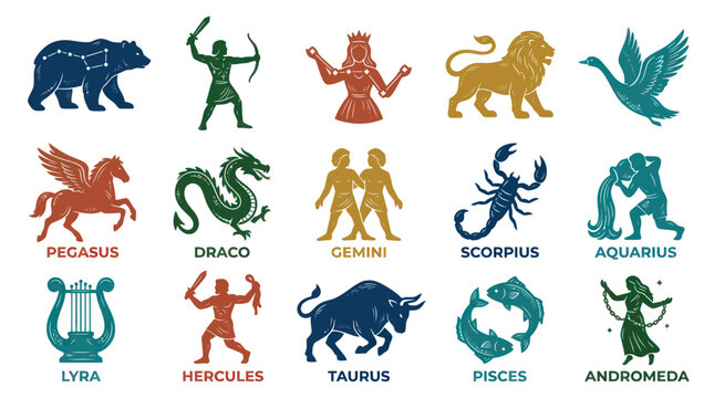 Astrology Zodiac Signs Constellations Mythological Characters Flat Design Vector Icons