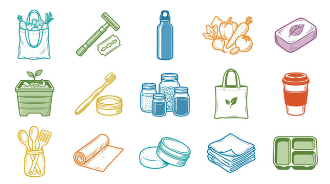Eco-friendly sustainable living icons: zero waste, reusable items, green lifestyle