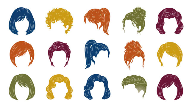 Set of Diverse Hairstyles and Wigs, Colorful Stylized Vector Art for Beauty and Fashion Styling