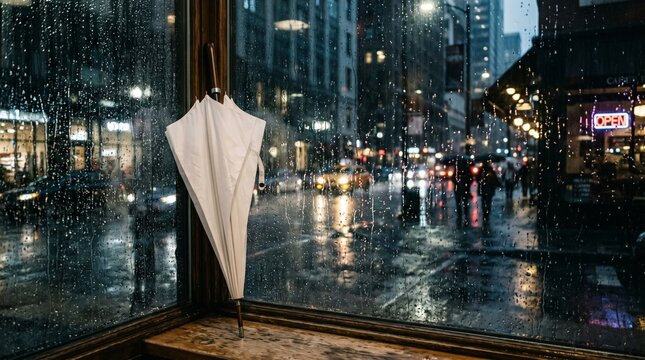 Closed white umbrella leaning against a rainy city window at night