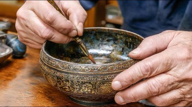 Craftsman's Touch close-up shot of a craftsman's hands delicately applying a patina to an ornate metal bowl.