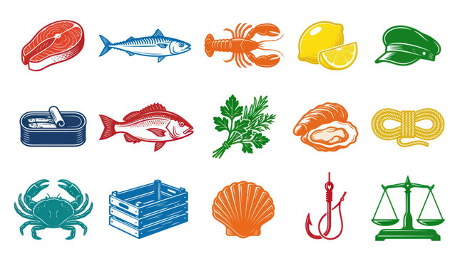 Seafood and Fishing Industry Engraved Vector Icons Set with Marine Life, Fish, Kitchen, and Boat Supplies