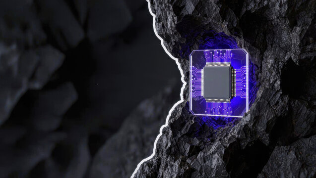 Purple microchip black rock glowing circuit technology concept artificial intelligence digital innovation