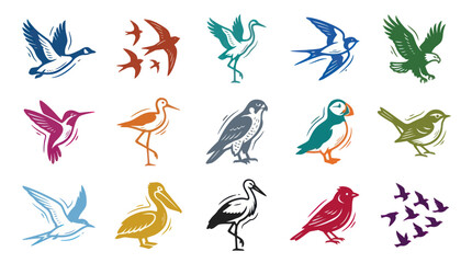 Naklejka premium Nature Wildlife Birds Vector Glyph Icons Set Stylized Avian Species Collection