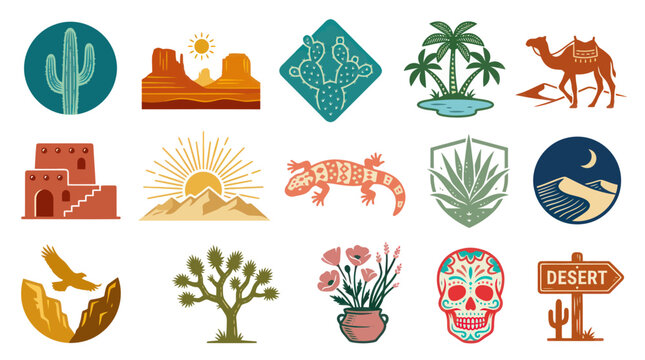 Desert Icons: Cactus, Camel, Skull, Buildings, Nature, Animals, Symbols