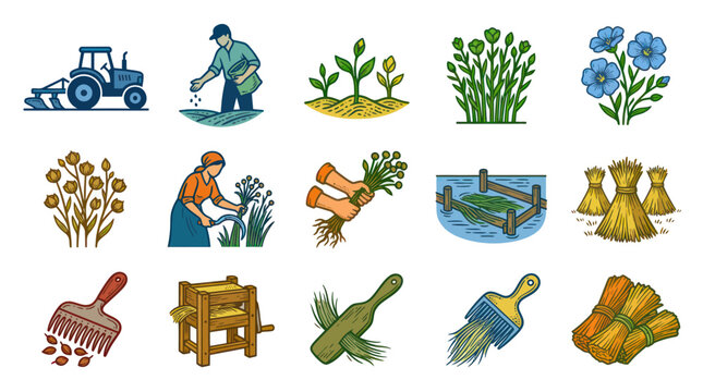 Retro Illustrated Flax Farming Icons: Agriculture Cultivation, Harvesting, and Processing Tools Set