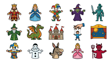 Fototapeta premium Medieval Fantasy Characters, Objects, and Scenes Vector Icons Set