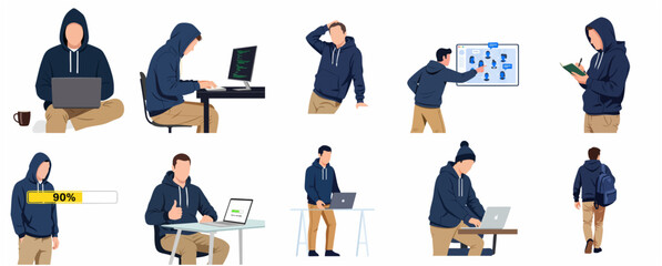 Fototapeta premium Set of flat vector illustrations of a male programmer in a hoodie working on a laptop, coding, and analyzing data in various poses.