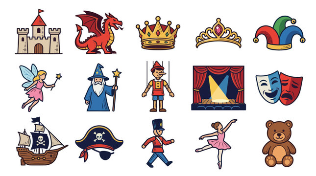 Children's Fantasy Icons: Castle, Dragon, Fairy, Wizard, Toy Soldier, Ship, Bear
