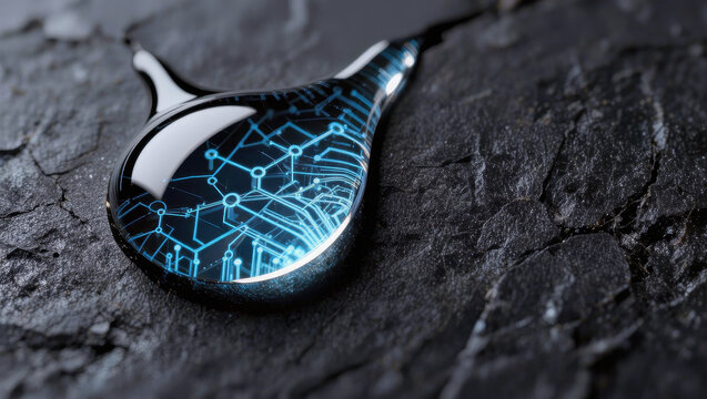Digital drop circuit pattern on dark stone surface with glowing blue technology abstract
