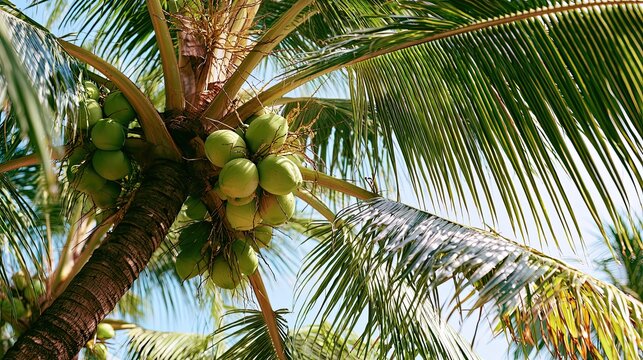 Tropical Coconut Tree Close-up, Green Coconuts, Summer Island Scenery, Palm Tree Tropical Plant, Natural Drink Ingredient