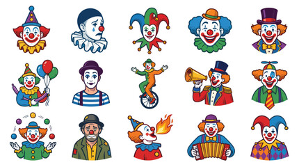 Fototapeta premium Collection of 15 Cartoon Clown Icons with Various Expressions and Activities