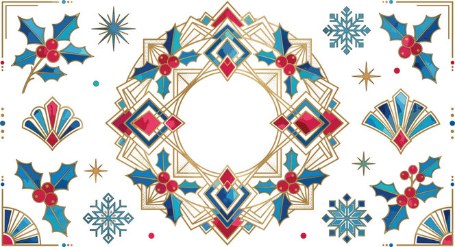 Art Deco Christmas Wreath and Border Design Set with Geometric Gold Frame Holly Berries Snowflakes and Luxury Winter Ornaments