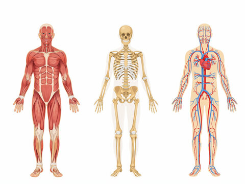 Human anatomy vector illustration showing muscular skeletal and circulatory systems of male body on white background