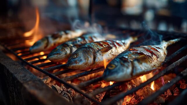 Whole fish grilling over open flames with smoke and embers during a barbecue