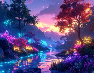 Fototapeta premium A serene and vibrant landscape with a river and trees