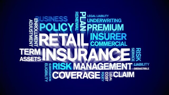 Retail insurance insurance animated word cloud-text design animation tag kinetic typography seamless loop.