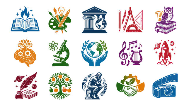 Education and Academic Subjects Flat Vector Icons Set. Learning, Knowledge, University Disciplines Collection.