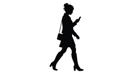 Obraz premium Black silhouette vector illustration of a stylish young woman walking while looking at her smartphone