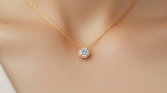 Elegant gold necklace with a round-cut diamond solitaire pendant worn on a woman's neck, intimate jewelry photography showcasing luxury and sophistication
