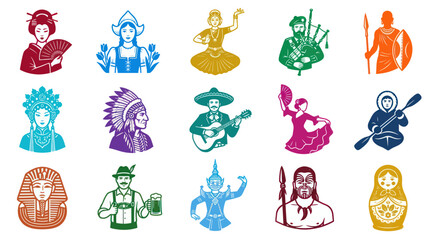 Obraz premium Global Cultural Diversity People Flat Graphic Icons Collection Ethnic Traditional Characters Set