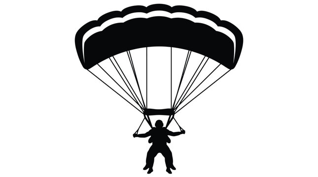 Minimalist black vector illustration showing a brave skydiver gliding through the air with an open parachute