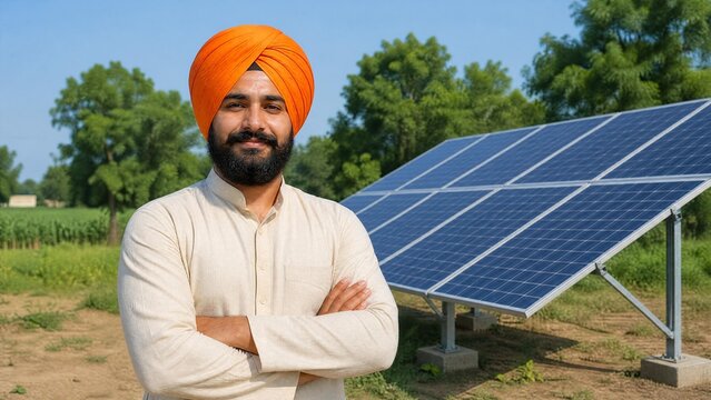 Confident Indian Sikh Man Standing in Front of Solar Panels