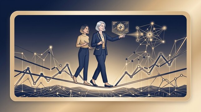 Vector art of an older mentor guiding a young Gen-Z colleague through a virtual reality data landscape, bridging the generation gap