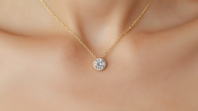 Elegant Round Cut Diamond Solitaire Pendant Necklace Gracefully Resting on a Woman Neck for a Timeless Sophisticated Jewelry Aesthetic