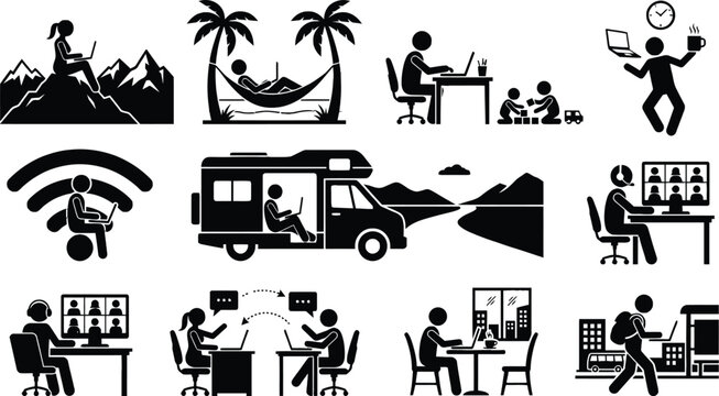 Remote Work Pictograms People Using Laptops In Various Settings