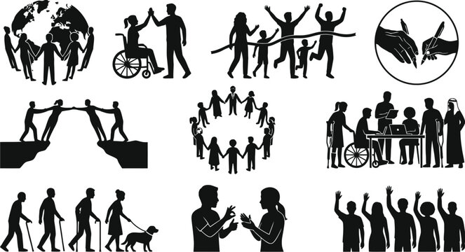 Human silhouettes depicting support community and inclusivity black and white