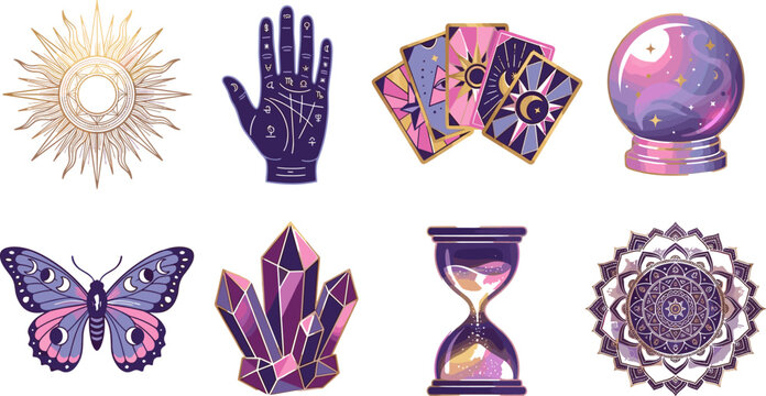 A collection of mystical and esoteric icons featuring tarot cards, a crystal ball, palmistry hand, mandala, and magical spiritual symbols.