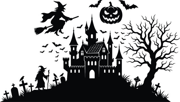 Halloween Scene Silhouette With Castle Witch And Pumpkin Against White Background