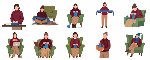 Fototapeta premium Vector illustration set of women knitting and relaxing in cozy armchairs during winter season