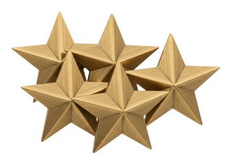 Obraz premium Five textured golden three-dimensional stars clustered for rating reviews isolated transparent background image