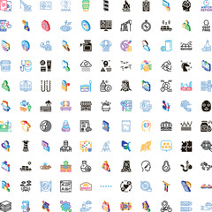 Fototapeta premium Set of numerous flat design isometric icons visualizing various concepts including technology, industry, finance, health, food, and daily activities on white background