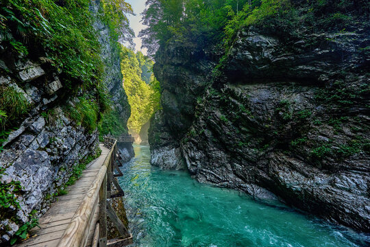 The scenic Vintgar gorge and the Radovna river which has cut the Vintgar Gorge deep between the hills, wooden walkways, bridges and paths  lead visitors to waterfalls, rapids and ravines, Bled, Europe