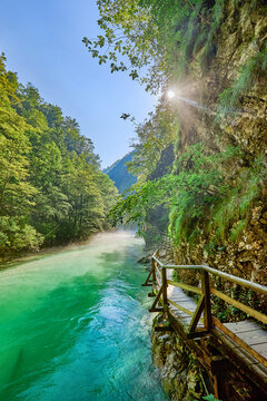 The scenic Vintgar gorge opening up to the more slower waters of the Radovna river with it's wooden bridges and walkway bathed in sunbeams piercing the tree foliage in early morning light,Bled, Europe