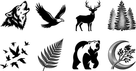 Black and white wilderness graphic set featuring a howling wolf, flying eagle, deer, pine trees, fern leaf, and grizzly bear icons. © Bulbuli