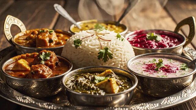 Traditional Indian thali with basmati rice and various curries served on an ornate silver platter on a rustic wooden table