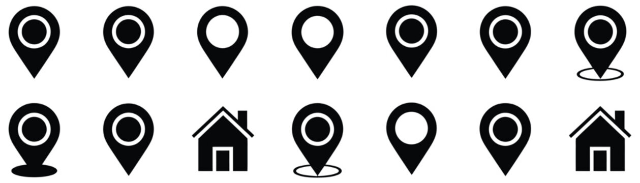 Map Location Pin Pointer and Home Address Silhouette Icon Vector Set