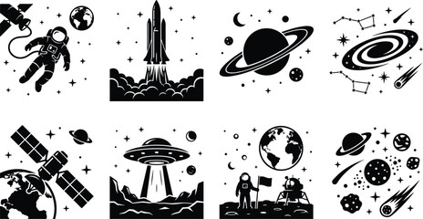 Collection of space exploration silhouette illustrations featuring astronaut, rocket launch, Saturn, UFO, satellite, lunar lander, and cosmic elements © Niheranjan