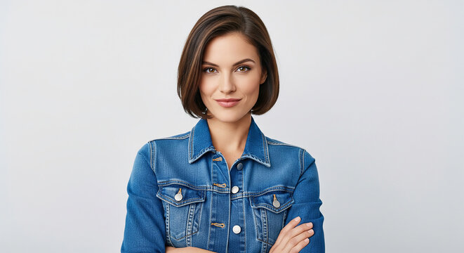 Stylish woman in blue denim jacket smiling perfect for creative fashion portraits and professional modern casual lifestyle concepts