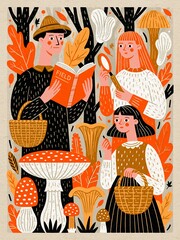 Obraz premium Family Reading in a Forested Area, with Various Mushrooms and Foraging Plants
