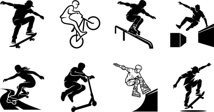 Extreme sports vector silhouettes featuring skateboarders bmx rider rollerbladers scooter rider and parkour athlete performing stunts in skatepark