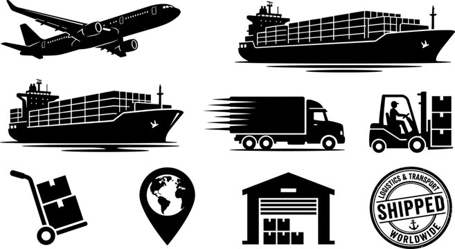 Global logistics and transportation icon set featuring cargo airplane container ship delivery truck forklift warehouse and distribution symbols
