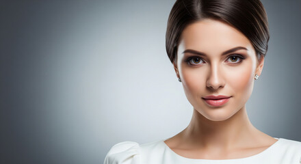 Fototapeta premium Stunning elegant woman portrait in white outfit perfect for creative studio fashion and professional graceful beauty plan