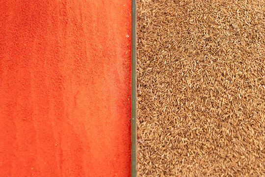 Contrast background pattern of vibrant red paprika powder and organic zira cumin seeds. Top view texture of oriental spices for food design layout